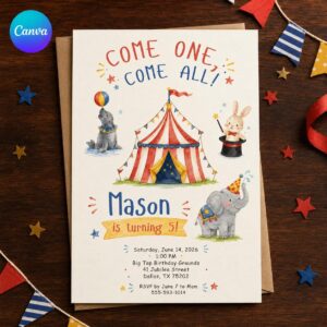 Circus 5th Birthday Invitation, Come One Come All Big Top Carnival Party, Watercolor Editable Printable Canva Template