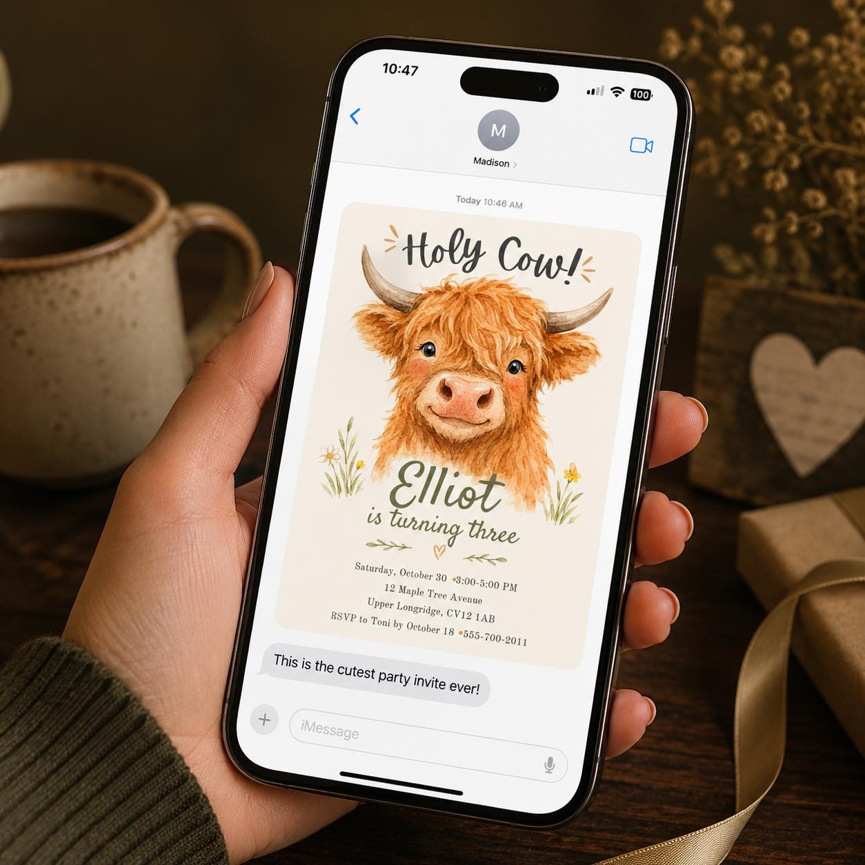 Highland Cow 3rd Birthday Invitation, Holy Cow Farm Party, Watercolor Editable Printable Canva Template - Image 3
