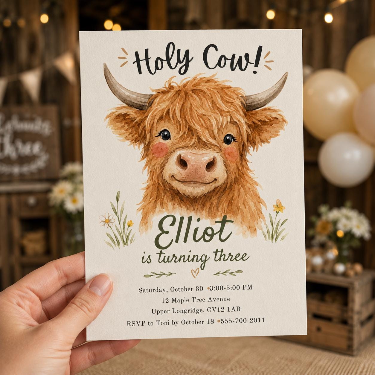 Highland Cow 3rd Birthday Invitation, Holy Cow Farm Party, Watercolor Editable Printable Canva Template - Image 4
