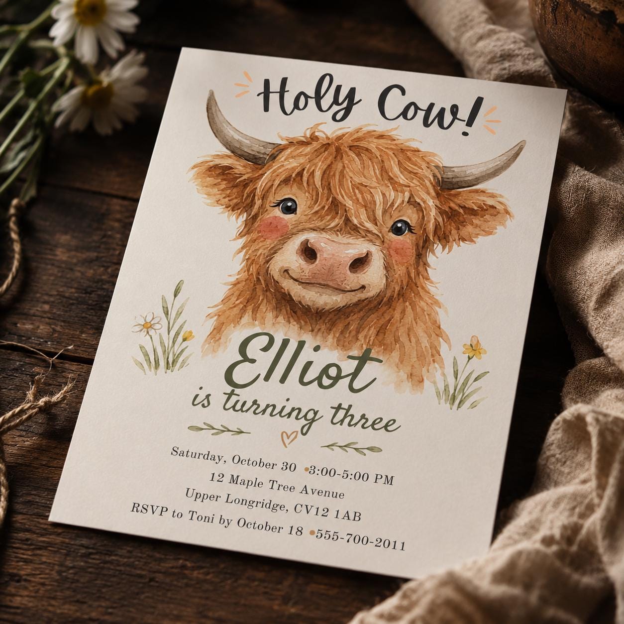 Highland Cow 3rd Birthday Invitation, Holy Cow Farm Party, Watercolor Editable Printable Canva Template - Image 6