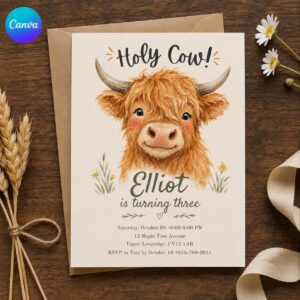 Highland Cow 3rd Birthday Invitation, Holy Cow Farm Party, Watercolor Editable Printable Canva Template