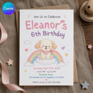 Puppy 6th Birthday Invitation, Pastel Rainbow Dog Party for Girl, Watercolor Editable Printable Canva Template