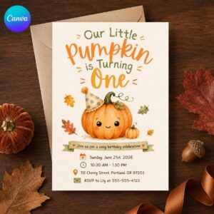 Little Pumpkin First Birthday Invitation, Fall Autumn Pumpkin Party, Watercolor Editable Printable Canva Template
