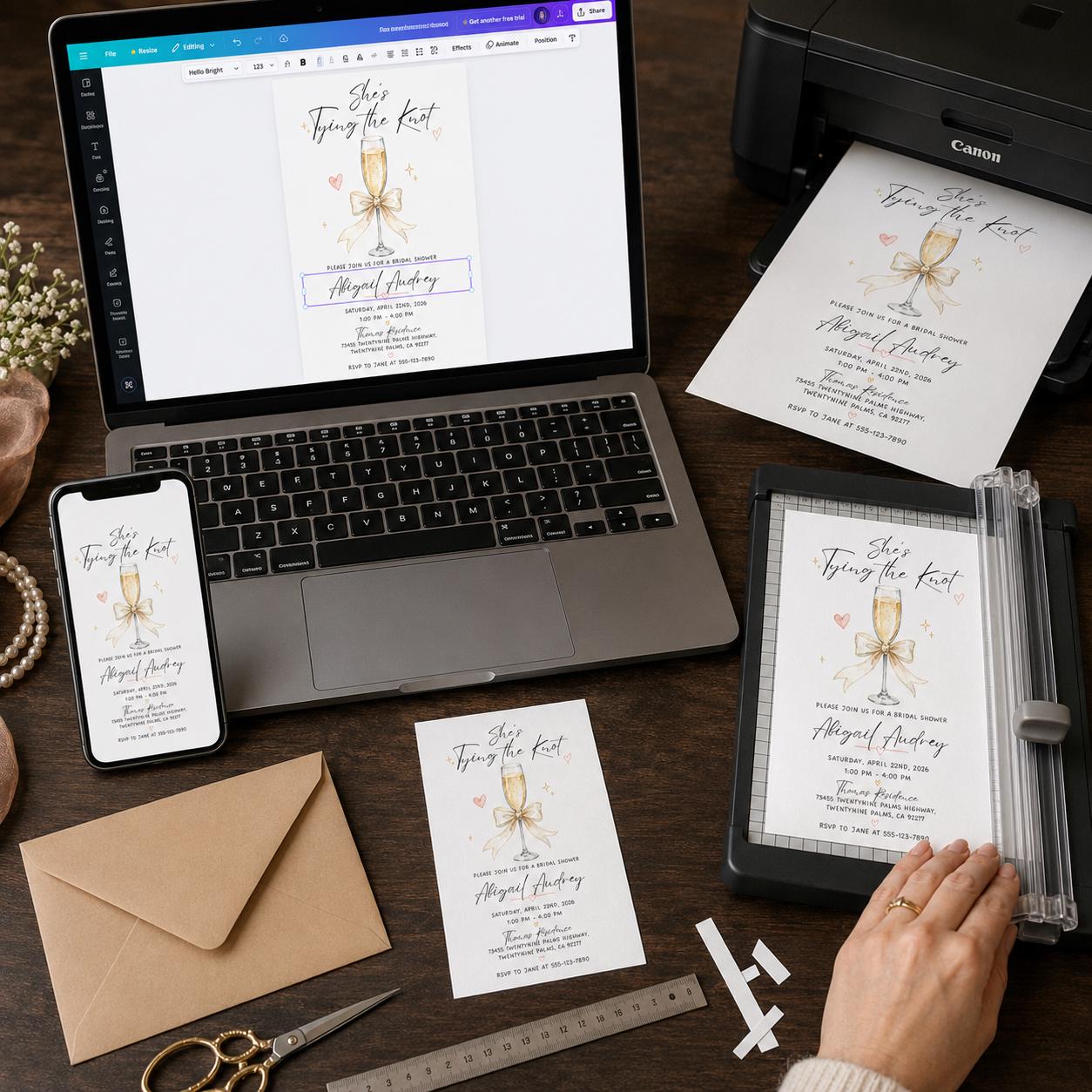 Tying the Knot Bridal Shower Invitation, Champagne Bow Wedding Shower Invite, Elegant Editable Printable Canva Template - Image 5