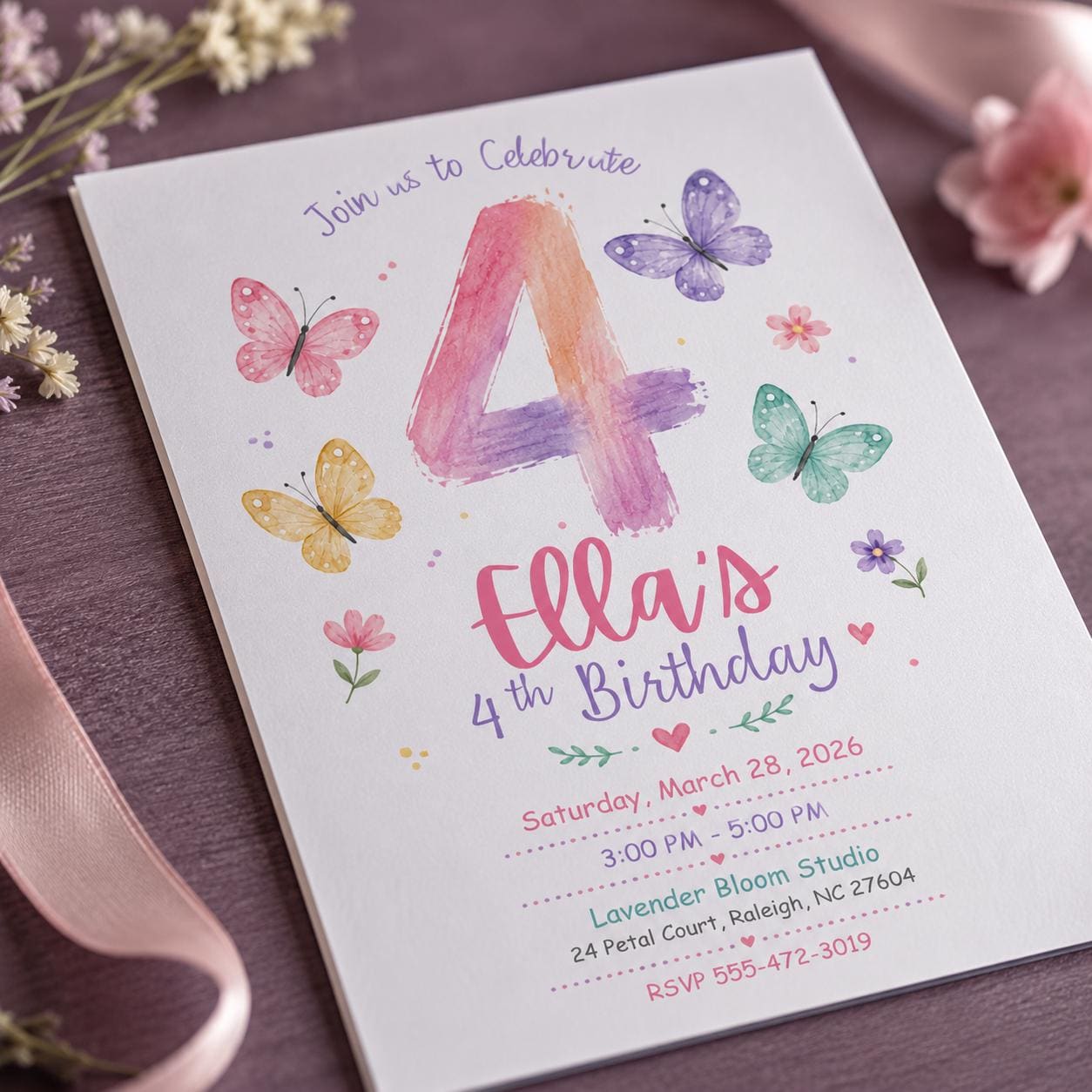 Butterfly 4th Birthday Invitation Girl, Pastel Watercolor Floral Party Invite, Editable Printable Canva Template - Image 4