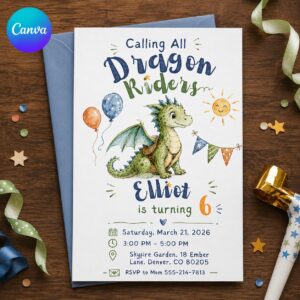 Dragon Birthday Invitation Boy, Dragon Rider 6th Birthday Party Invite, Watercolor Editable Canva Template