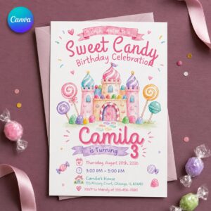 Candyland Birthday Invitation Girl, Sweet Candy Castle 3rd Birthday Party Invite, Editable Printable Canva Template