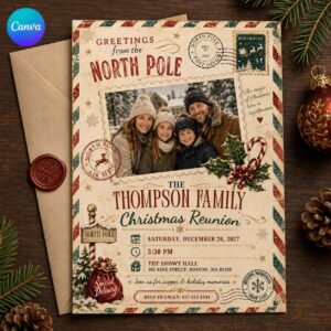 Christmas Party Invitation, Vintage North Pole Family Reunion Photo Invite, Editable Holiday Gathering Canva Template