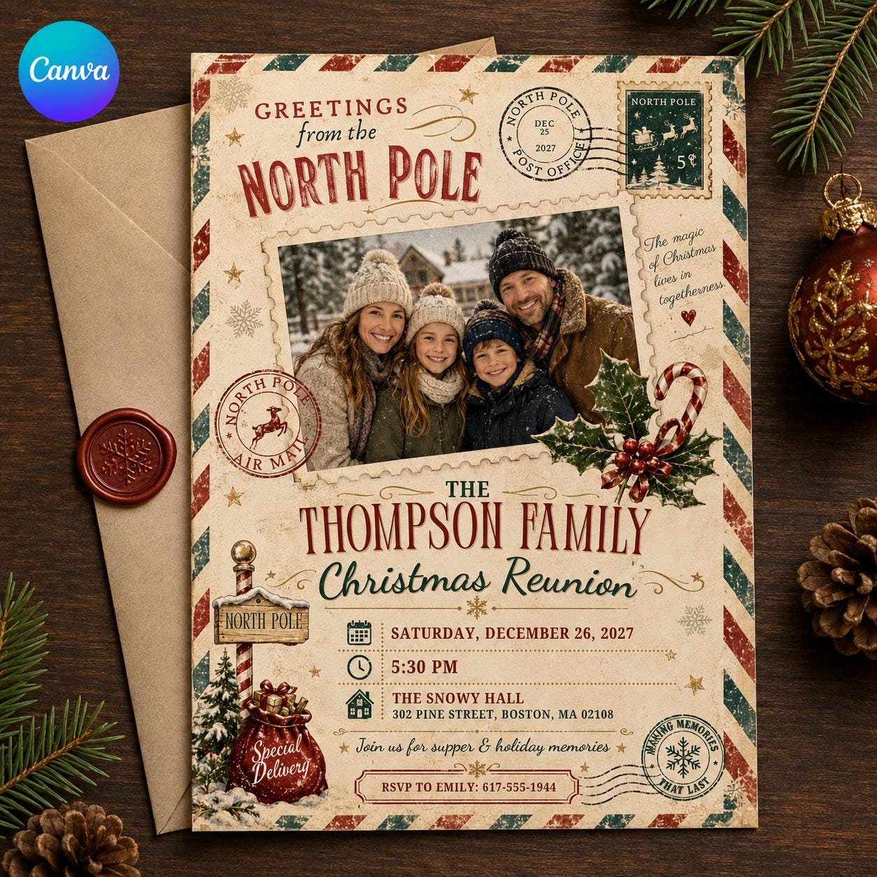Christmas Party Invitation, Vintage North Pole Family Reunion Photo Invite, Editable Holiday Gathering Canva Template