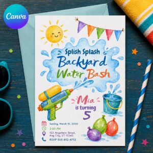 Water Gun Birthday Invitation, Backyard Water Bash 5th Birthday Party, Water Balloon Fight Editable Canva Template