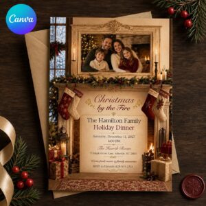 Christmas Dinner Invitation, Cozy Fireplace Family Holiday Party Invite, Traditional Editable Canva Template