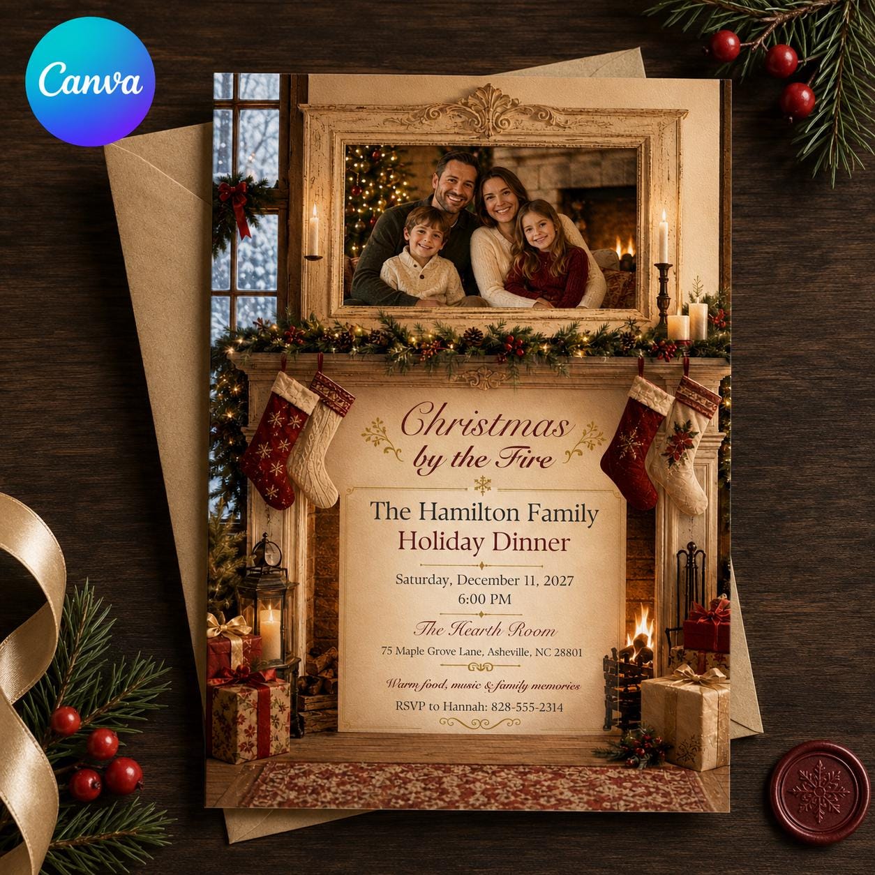 Christmas Dinner Invitation, Cozy Fireplace Family Holiday Party Invite, Traditional Editable Canva Template