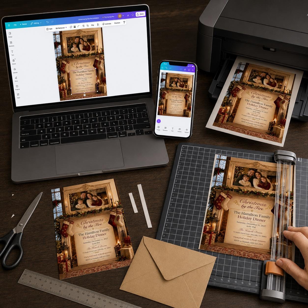 Christmas Dinner Invitation, Cozy Fireplace Family Holiday Party Invite, Traditional Editable Canva Template - Image 5