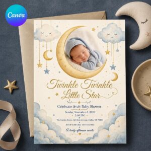 Twinkle Twinkle Baby Shower Invitation, Moon and Stars Celestial Photo Invite, Editable Canva Template