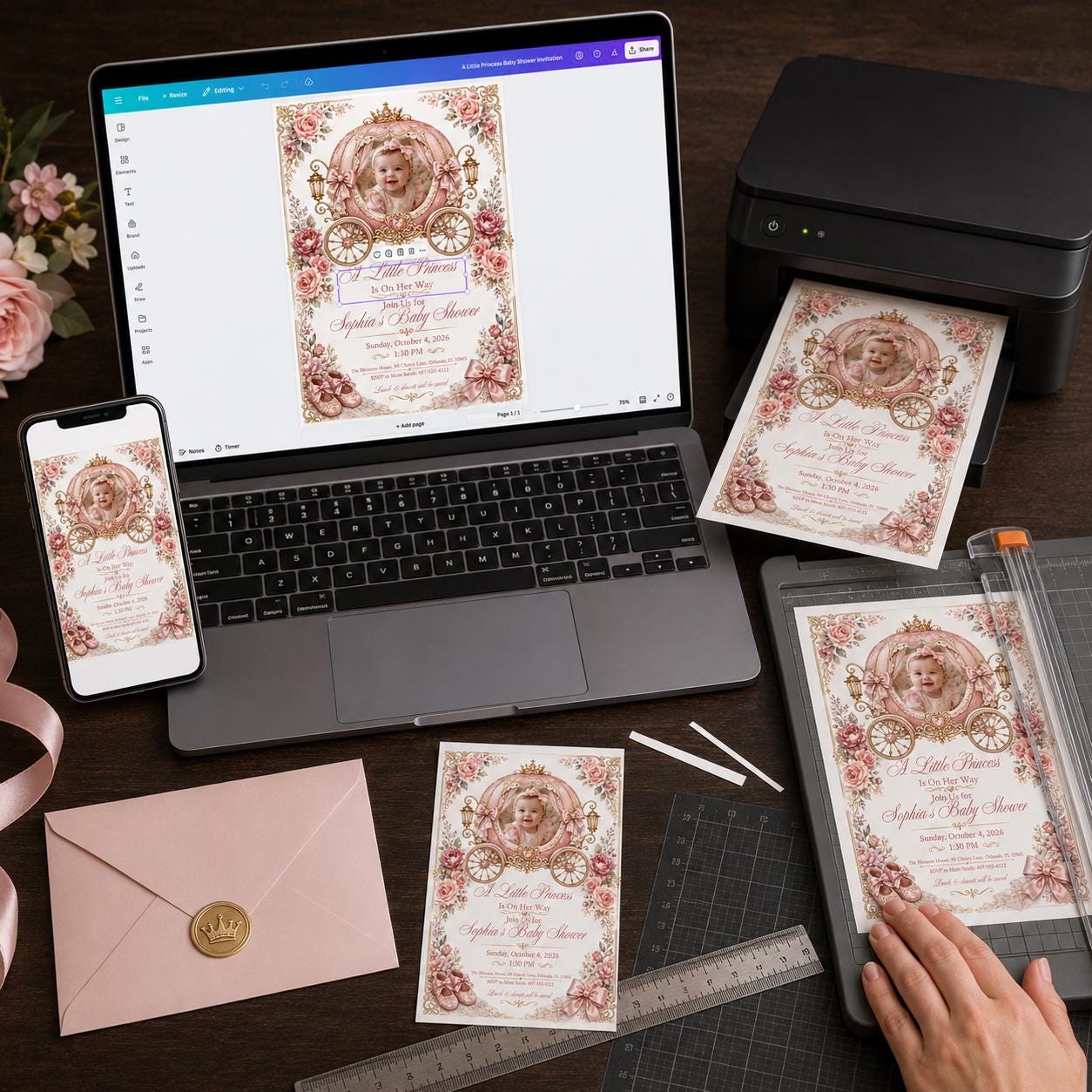 Princess Baby Shower Invitation, Pink Gold Carriage Girl Photo Invite, Royal Floral Editable Canva Template - Image 5
