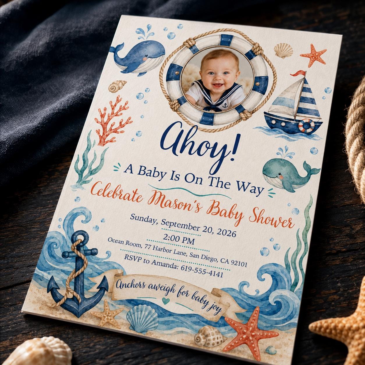 Nautical Baby Shower Invitation, Ahoy Sailor Boy Photo Invite, Ocean Theme Editable Canva Template - Image 6