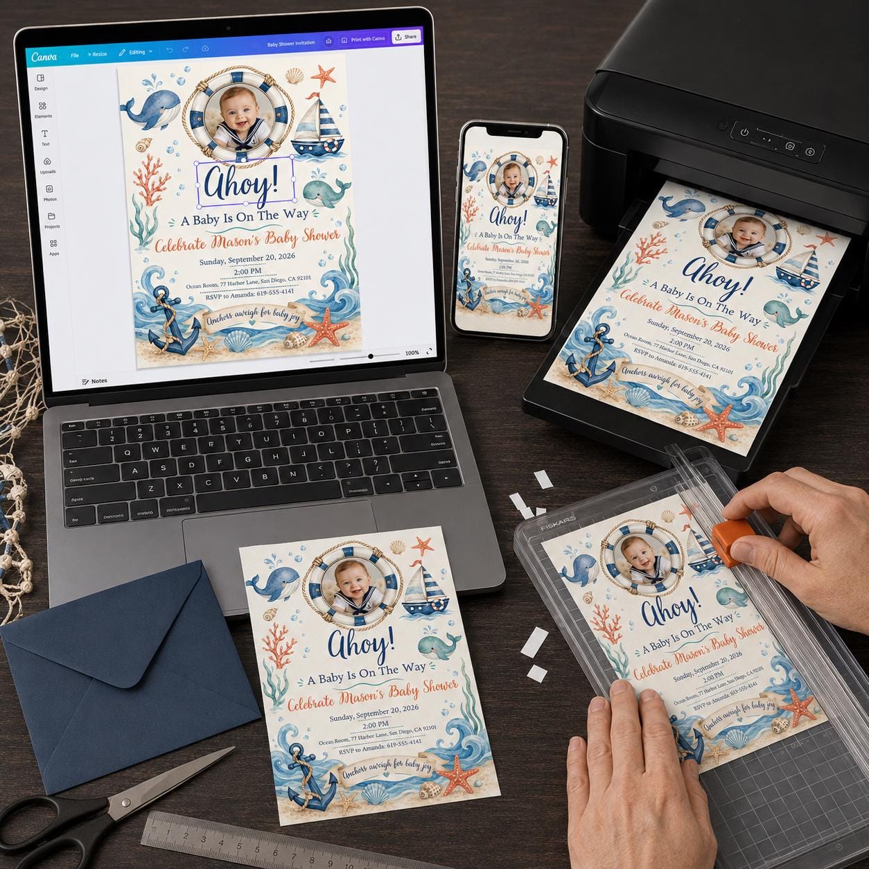 Nautical Baby Shower Invitation, Ahoy Sailor Boy Photo Invite, Ocean Theme Editable Canva Template - Image 5