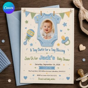 Baby Boy Shower Invitation, Blue Onesie Photo Invite, Cute Little Blessing Editable Canva Template