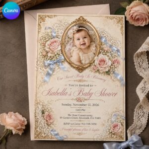 Baby Girl Shower Invitation, Vintage Floral Lace Photo Invite, Pink Coquette Editable Canva Template