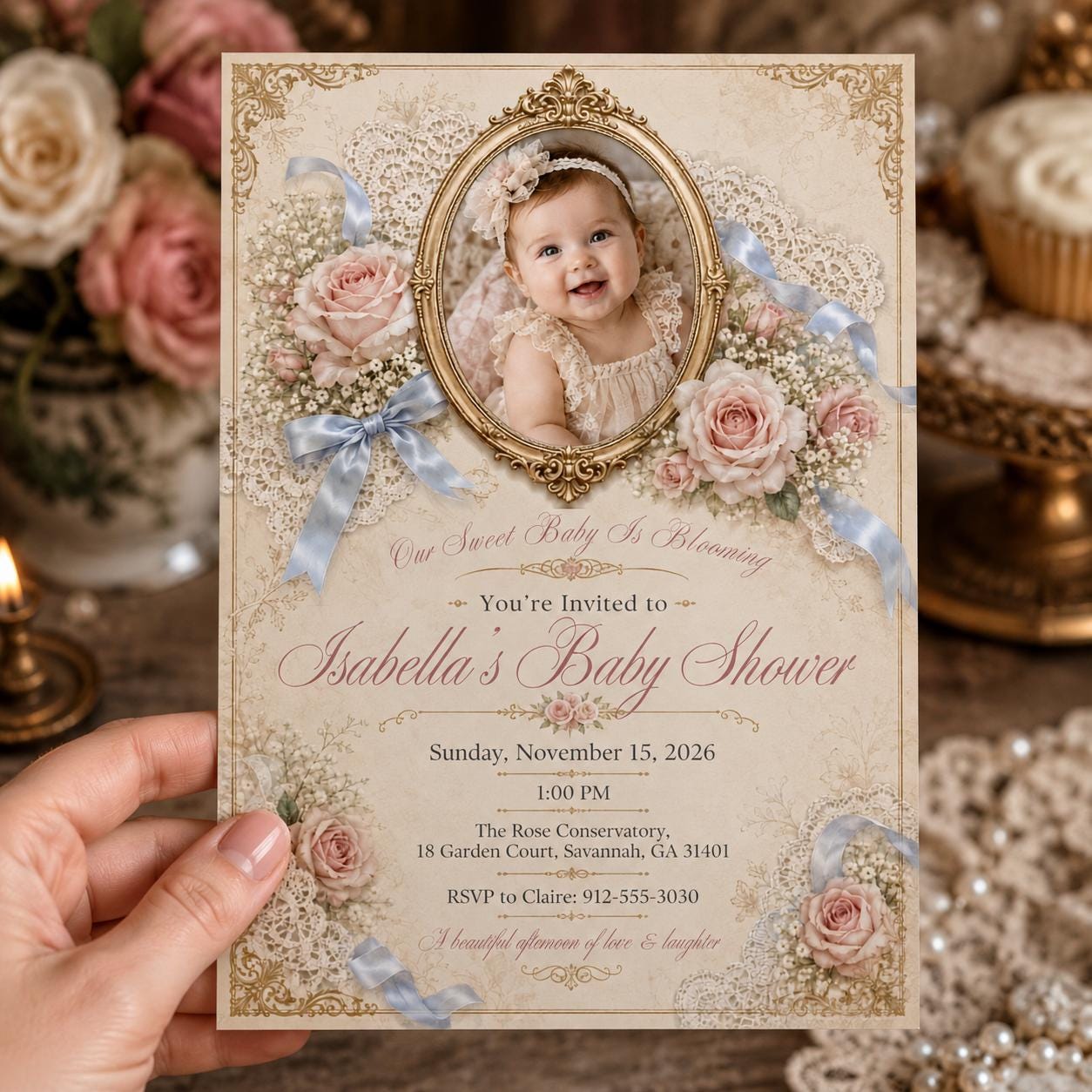 Baby Girl Shower Invitation, Vintage Floral Lace Photo Invite, Pink Coquette Editable Canva Template - Image 4
