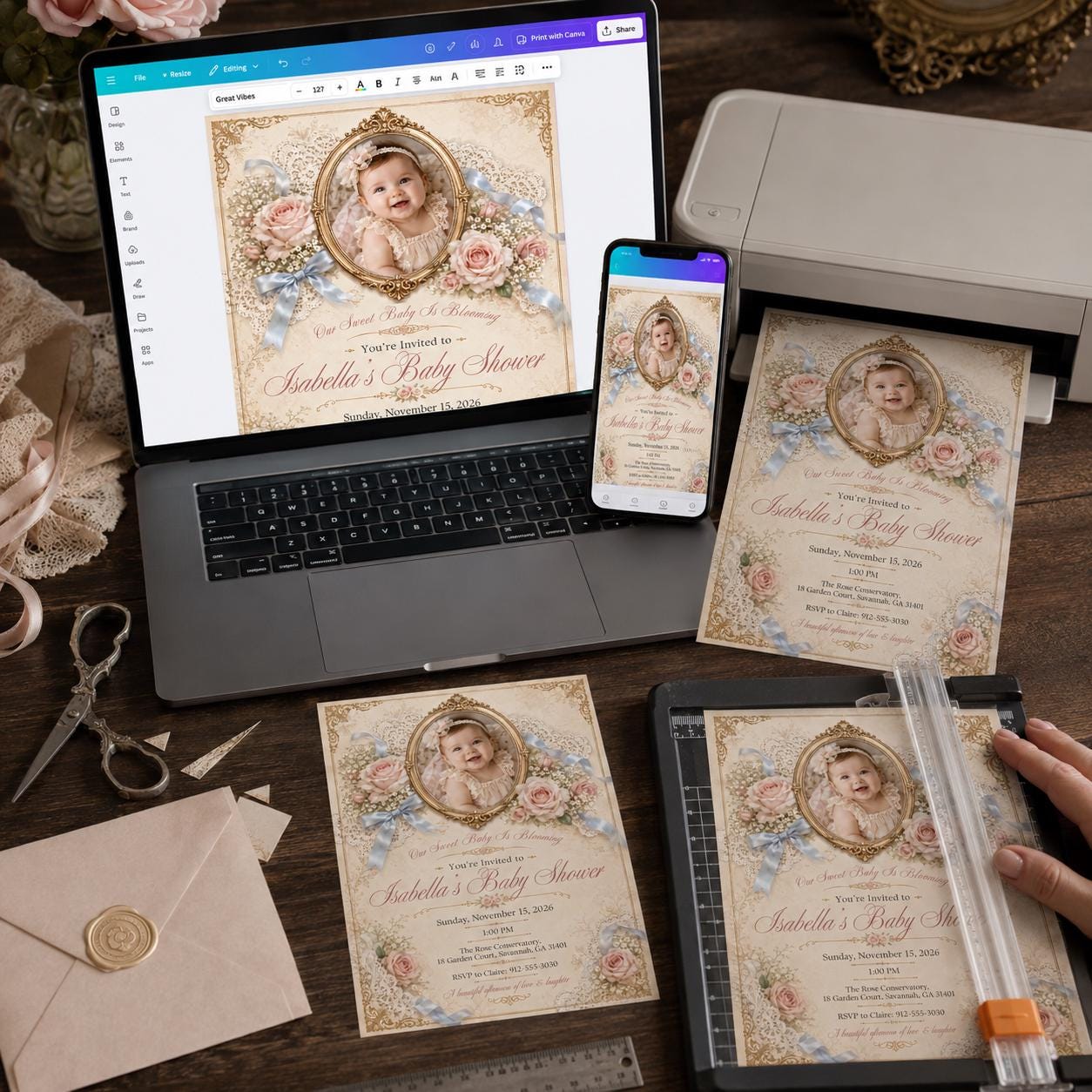 Baby Girl Shower Invitation, Vintage Floral Lace Photo Invite, Pink Coquette Editable Canva Template - Image 5