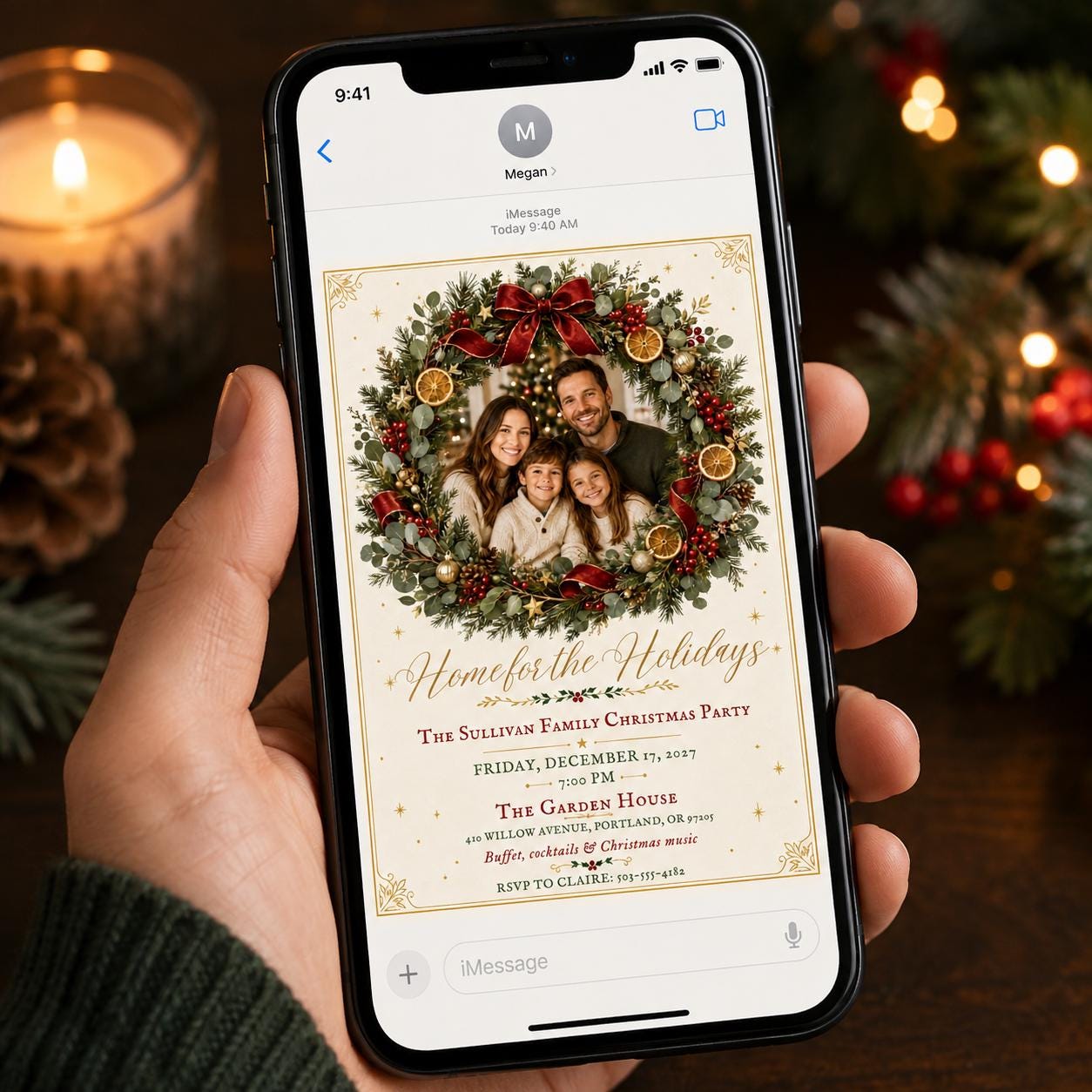 Family Christmas Party Invitation, Holiday Wreath Photo Invite, Elegant Editable Canva Template - Image 3