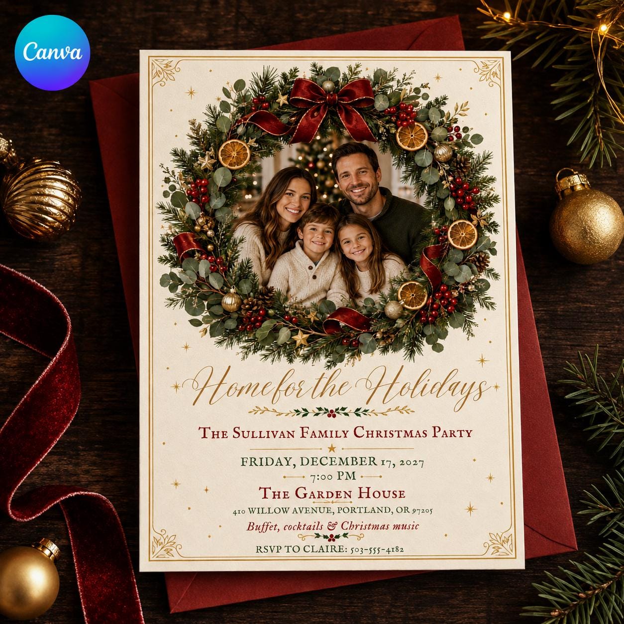 Family Christmas Party Invitation, Holiday Wreath Photo Invite, Elegant Editable Canva Template