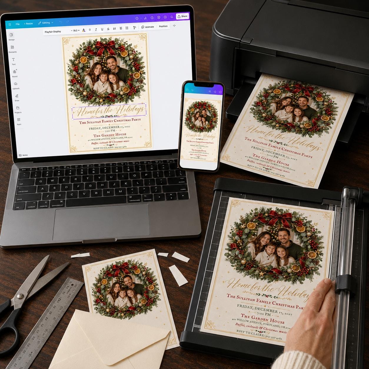 Family Christmas Party Invitation, Holiday Wreath Photo Invite, Elegant Editable Canva Template - Image 5