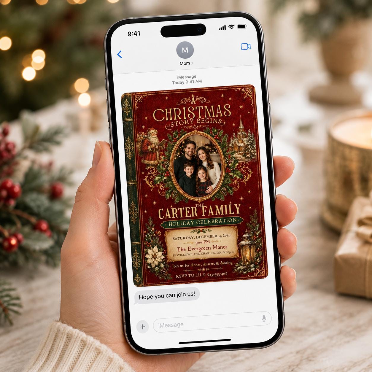 Vintage Christmas Party Invitation, Storybook Family Holiday Photo Invite, Editable Canva Template - Image 3