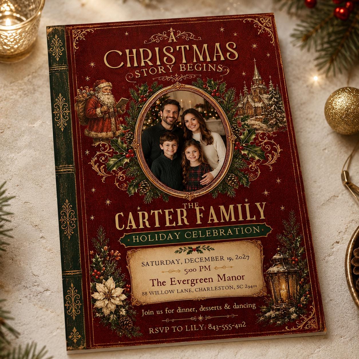 Vintage Christmas Party Invitation, Storybook Family Holiday Photo Invite, Editable Canva Template - Image 6