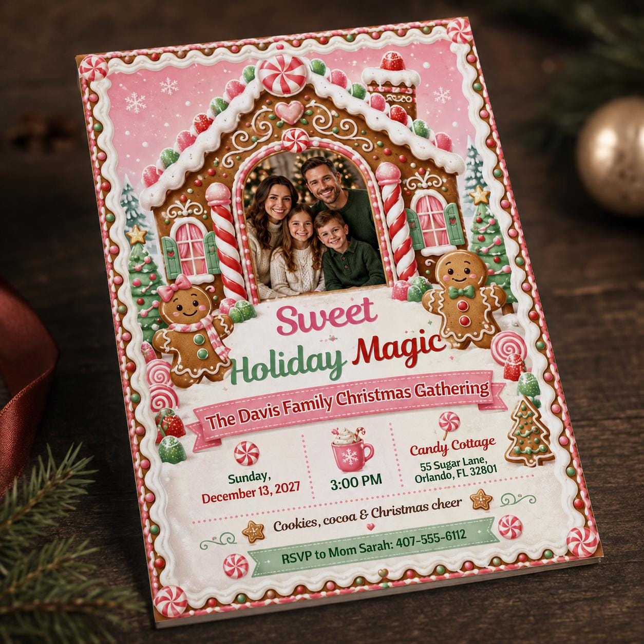 Gingerbread Christmas Party Invitation, Family Holiday Gathering Photo Invite, Editable Canva Template - Image 6