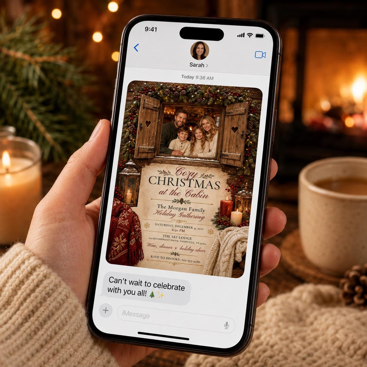 Cozy Christmas Party Invitation, Rustic Cabin Family Holiday Photo Invite, Editable Canva Template - Image 3
