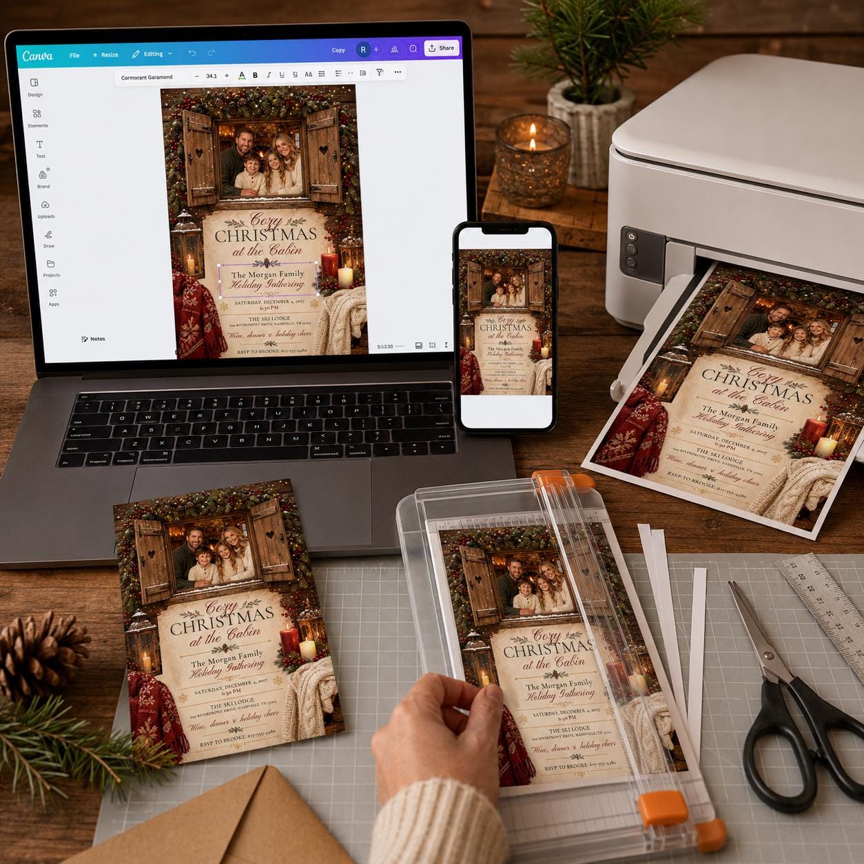 Cozy Christmas Party Invitation, Rustic Cabin Family Holiday Photo Invite, Editable Canva Template - Image 5