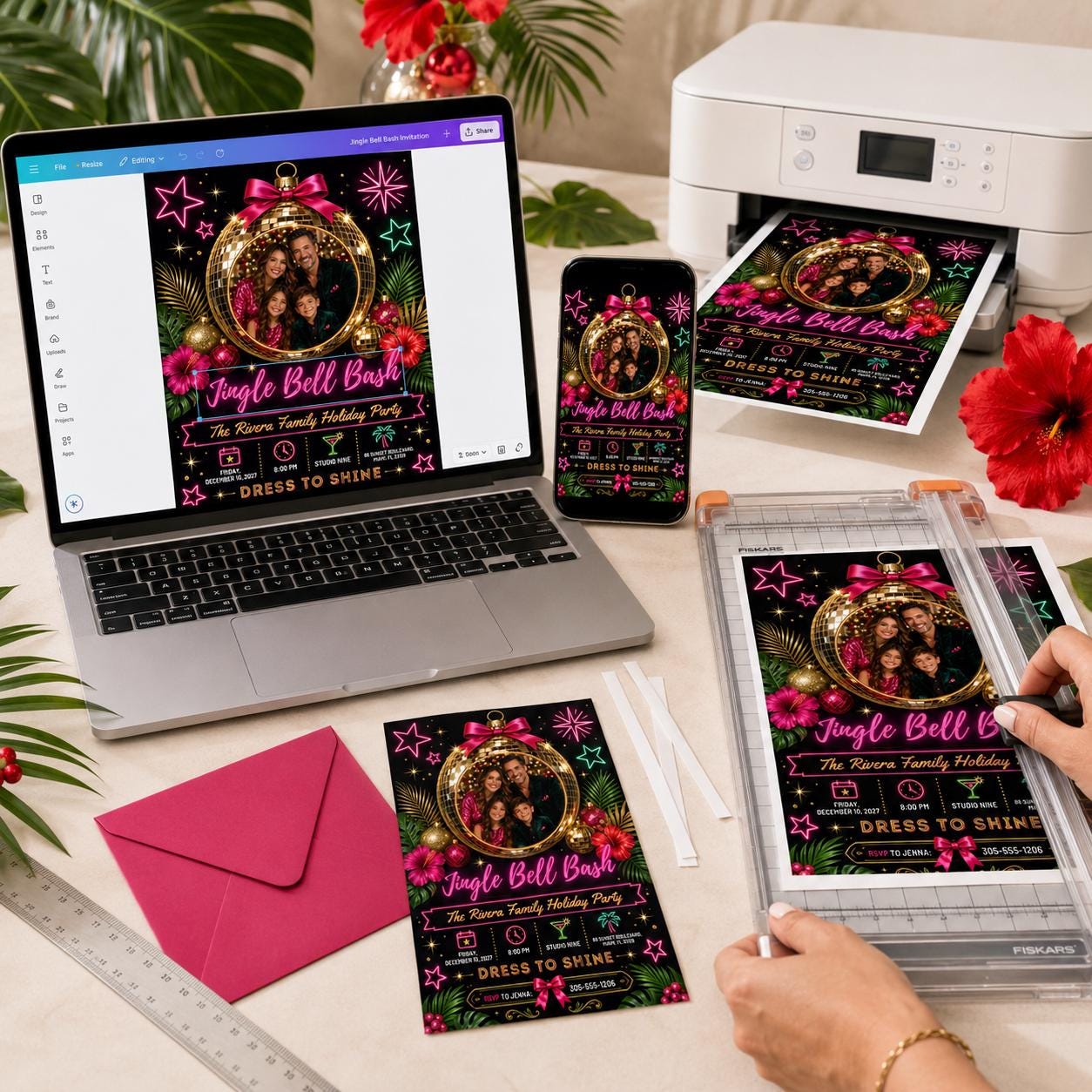 Christmas Party Invitation, Jingle Bell Bash Disco Family Holiday Photo Invite, Editable Canva Template - Image 5