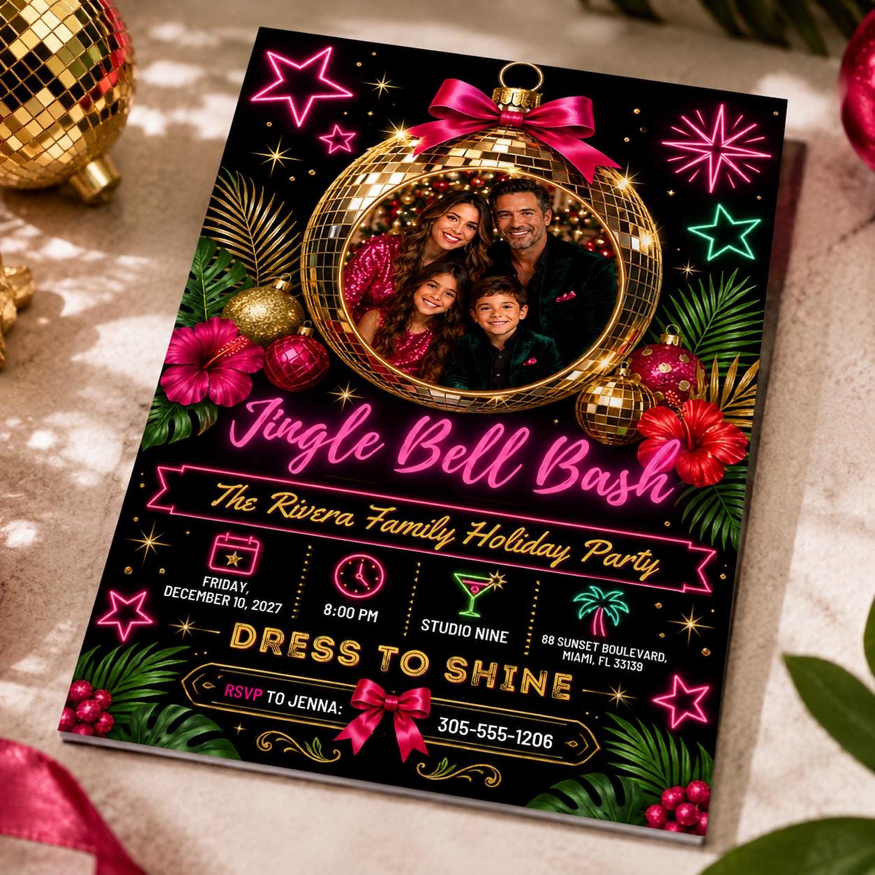 Christmas Party Invitation, Jingle Bell Bash Disco Family Holiday Photo Invite, Editable Canva Template - Image 6
