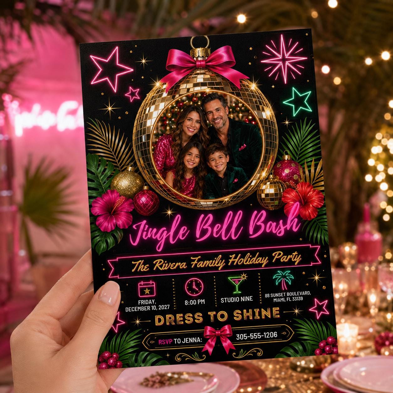 Christmas Party Invitation, Jingle Bell Bash Disco Family Holiday Photo Invite, Editable Canva Template - Image 4