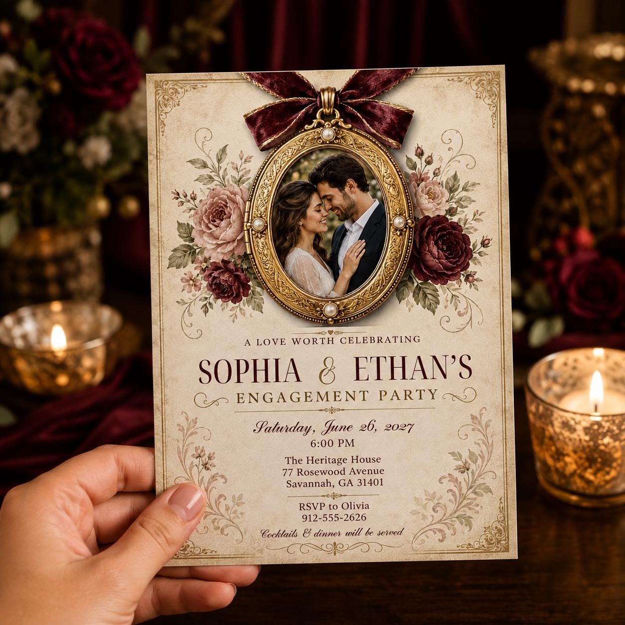 Engagement Party Invitation, Vintage Burgundy Floral Photo Invite, Elegant Gold Editable Canva Template - Image 4