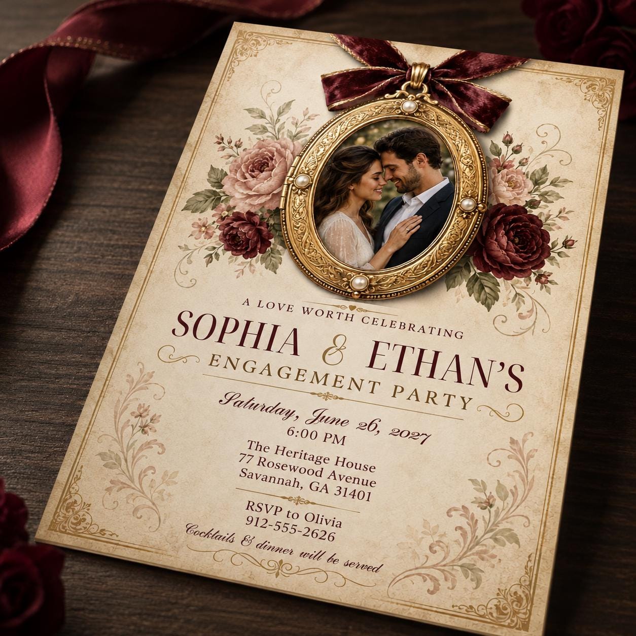 Engagement Party Invitation, Vintage Burgundy Floral Photo Invite, Elegant Gold Editable Canva Template - Image 6