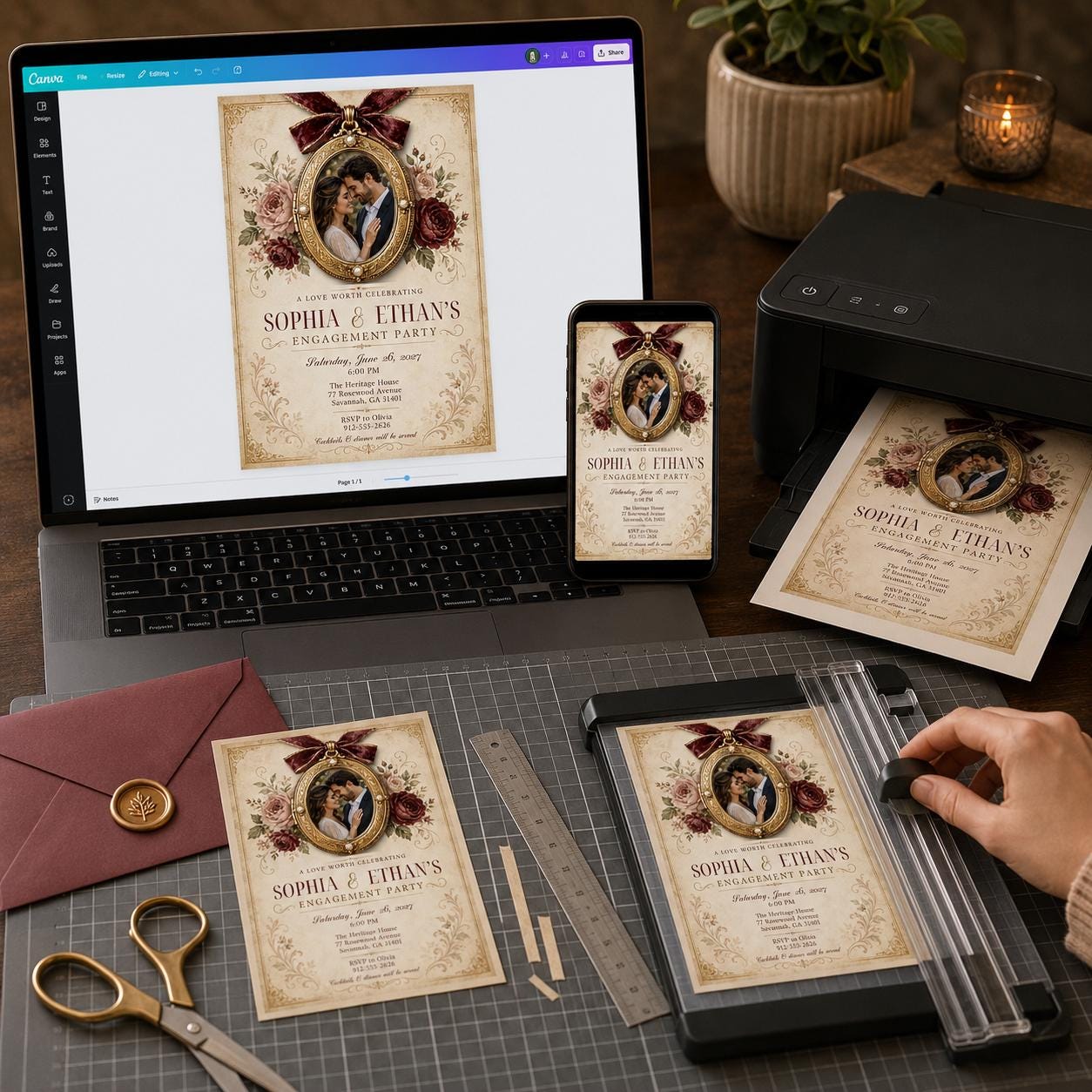 Engagement Party Invitation, Vintage Burgundy Floral Photo Invite, Elegant Gold Editable Canva Template - Image 5