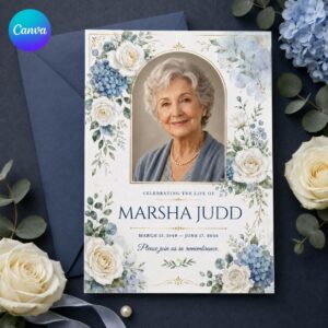 Celebration of Life Invitation, Blue Floral Memorial Photo Invite, Editable Funeral Canva Template