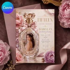 Quinceanera Invitation, Pink Perfume Bottle Photo Invite, Luxury Floral Sweet 15 Editable Canva Template