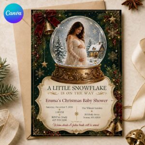 Christmas Baby Shower Invitation, Little Snowflake Winter Snow Globe Invite, Elegant Holiday Editable Canva Template