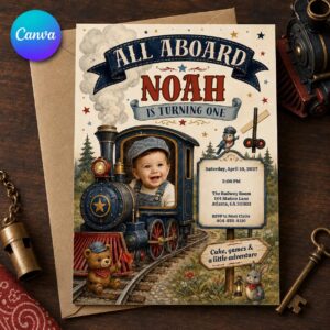 Train First Birthday Invitation, All Aboard Turning One Boy Photo Invite, Vintage Railroad Editable Canva Template