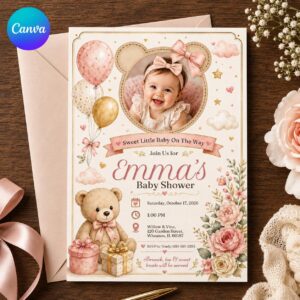 Teddy Bear Baby Shower Invitation, Pink Floral Girl Photo Invite, Sweet Little Baby Editable Canva Template