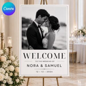 Wedding Welcome Sign with Photo, Minimalist Black and White Wedding Poster, Modern Editable Entrance Sign, Canva Template