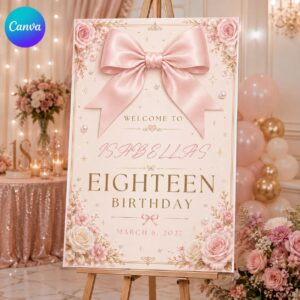 18th Birthday Welcome Sign, Pink Coquette Bow Floral Party Poster, Sweet Eighteen Girl Decor, Editable Canva Template