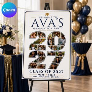 Graduation Welcome Sign, Class of 2027 Photo Collage Poster, High School Grad Party Display, Editable Canva Template