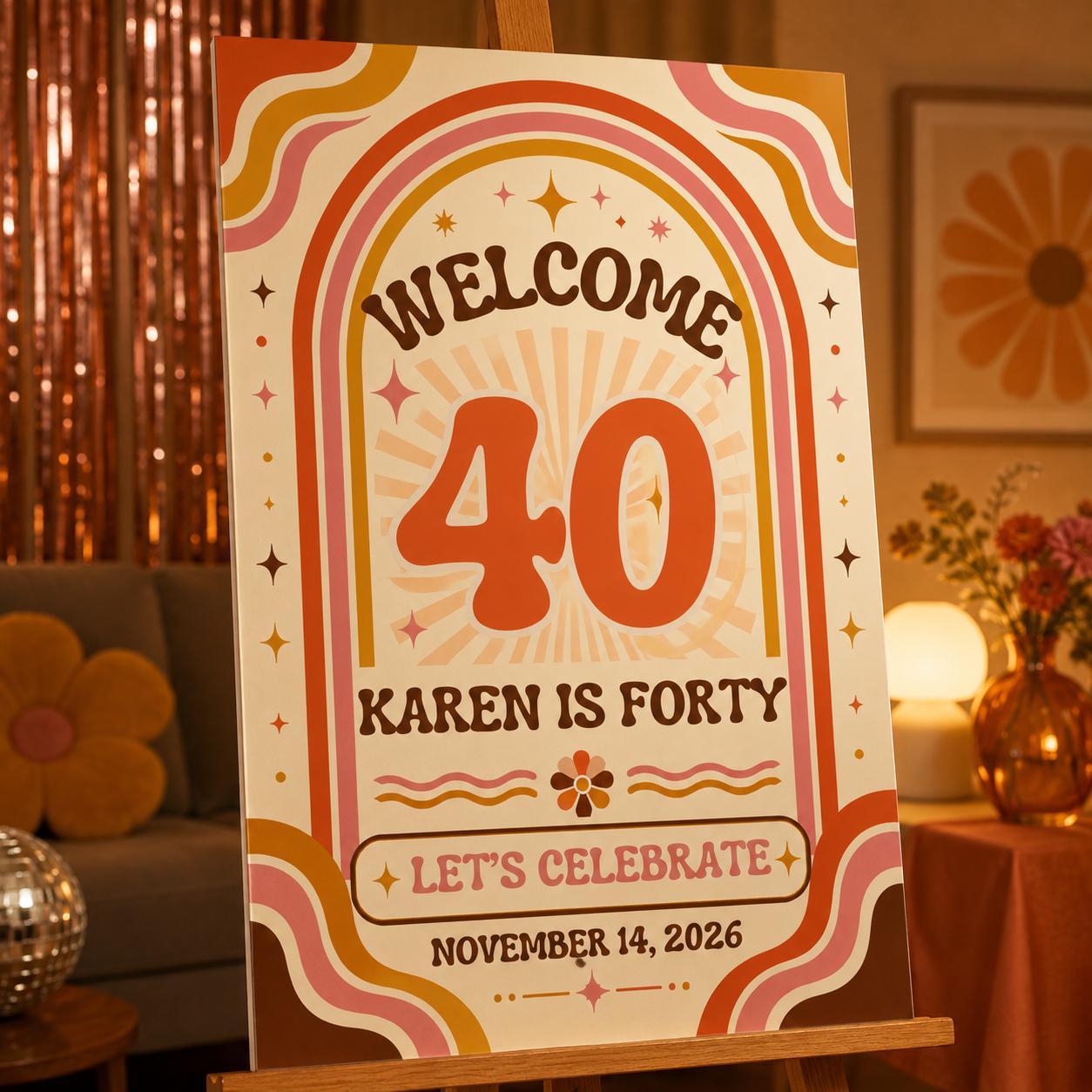 40th Birthday Welcome Sign, Retro Groovy 70s Party Poster, Orange Pink Milestone Birthday Decor, Editable Canva Template - Image 4