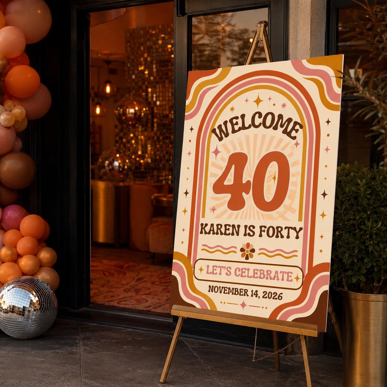 40th Birthday Welcome Sign, Retro Groovy 70s Party Poster, Orange Pink Milestone Birthday Decor, Editable Canva Template - Image 6
