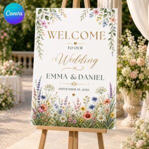 Wildflower Wedding Welcome Sign, Colorful Watercolor Floral Garden Entrance Poster, Editable Printable Canva Template
